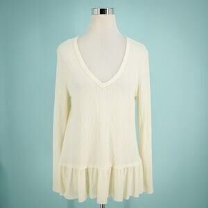 Eri + Ali Anthropologie Size Large L Ivory Thermal Waffle Long Sleeve Peplum Top